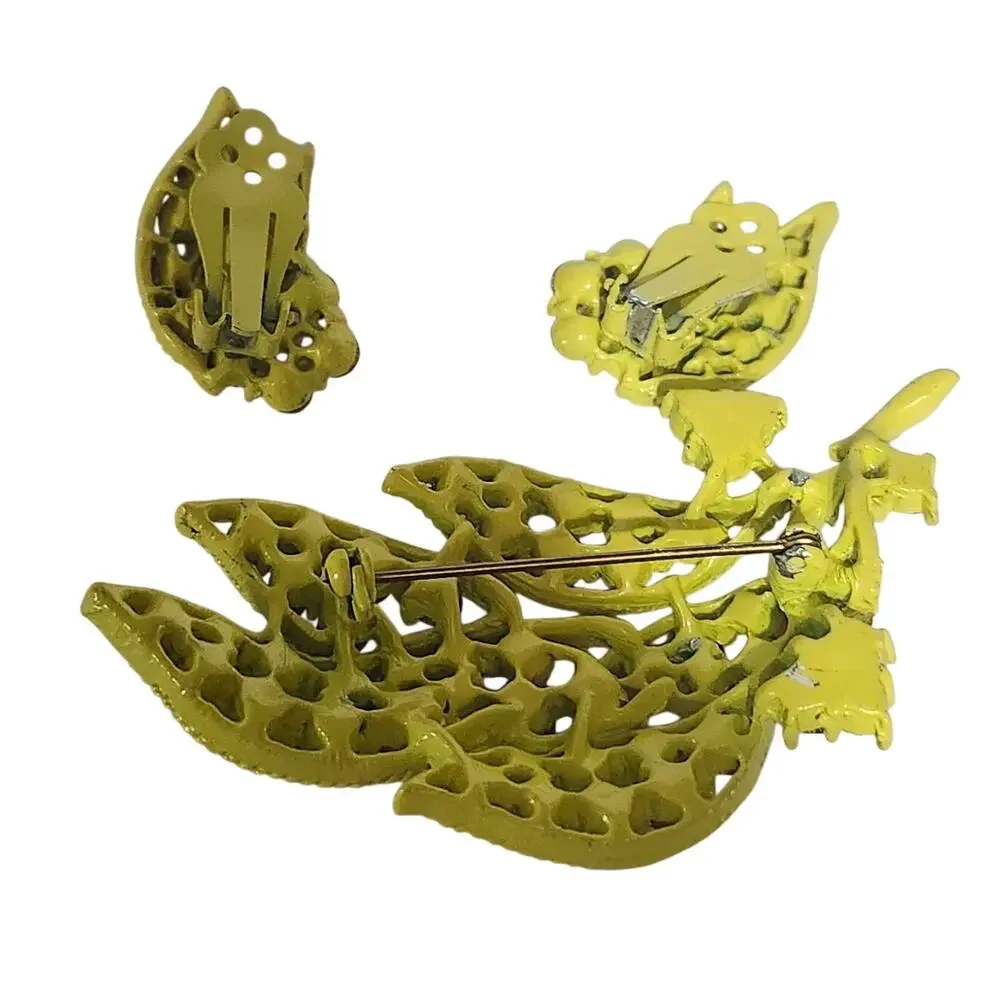 Vtg 1960s Mod Yellow Rhinestone Rope Filigree Leaf Brooch Earrings Parure Set